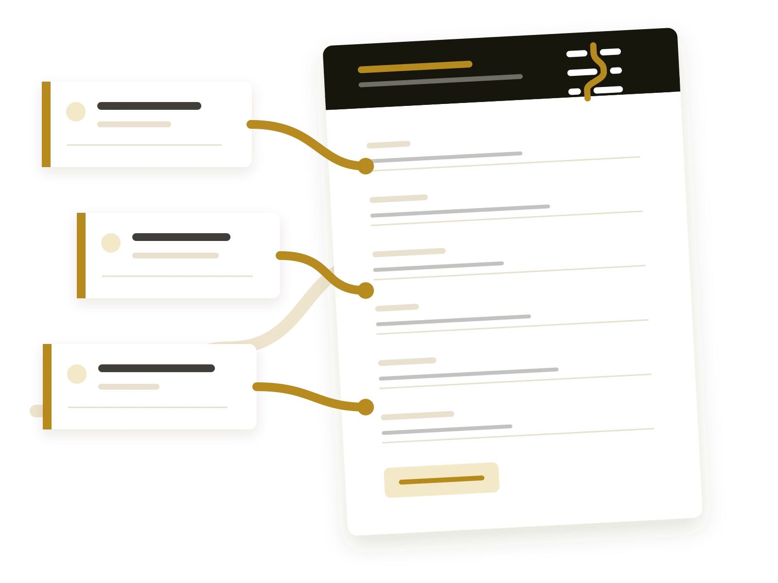 Plain-language answers on the left flowing along a gold path into a structured official form on the right.