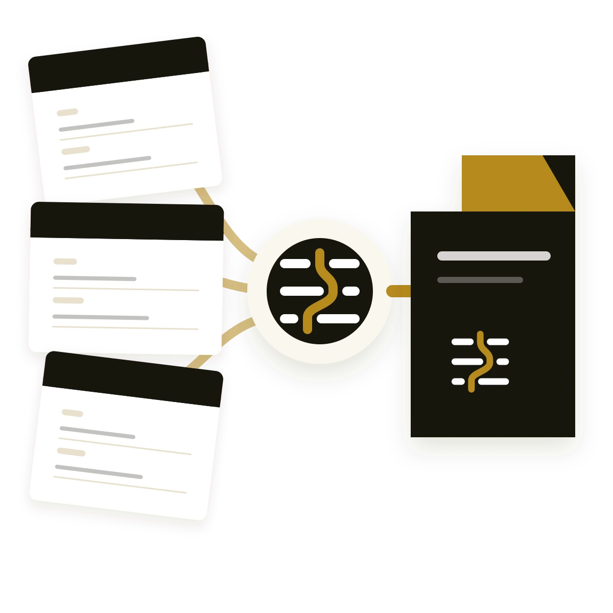 Several official forms routing through one reusable profile into a single organized pack.